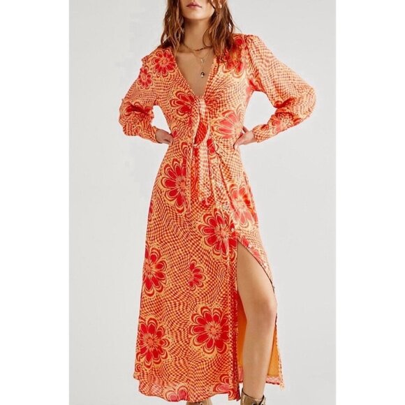 Free People Dresses & Skirts - New Free People Napa Tie Front Maxi Dress in Sunshine Combo Women's XS